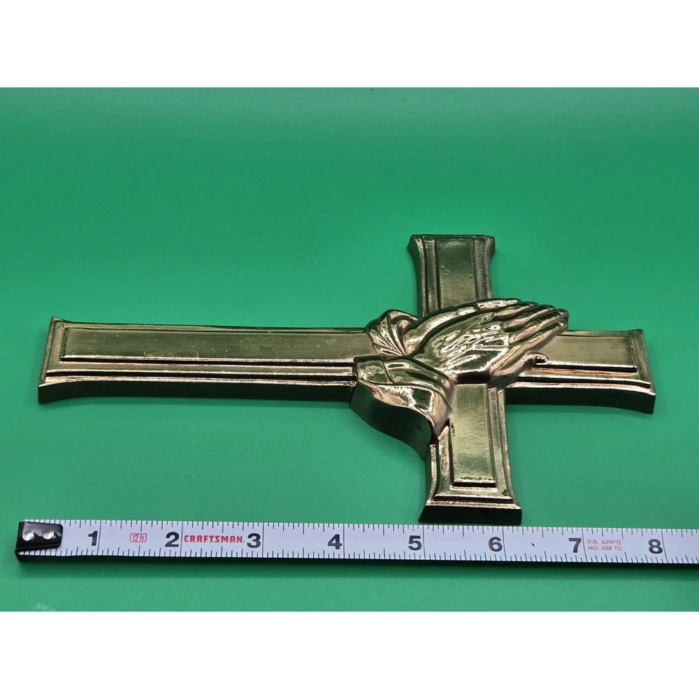 Vtg MCM Gold Tone Plastic Praying Hands Wall Hanging Cross Religious Jesus‎
